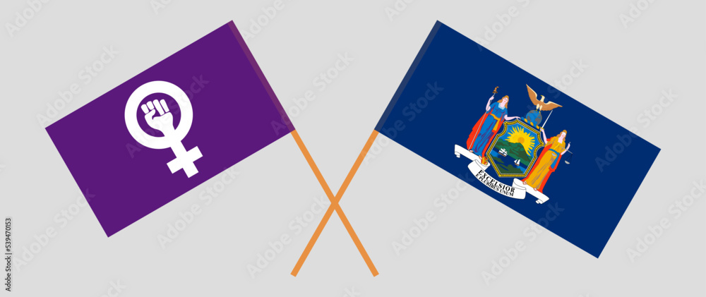 Crossed flags of Feminism and The State of New York. Official colors. Correct proportion Crossed flags of Feminism and The State of New York. Official colors. Correct proportion