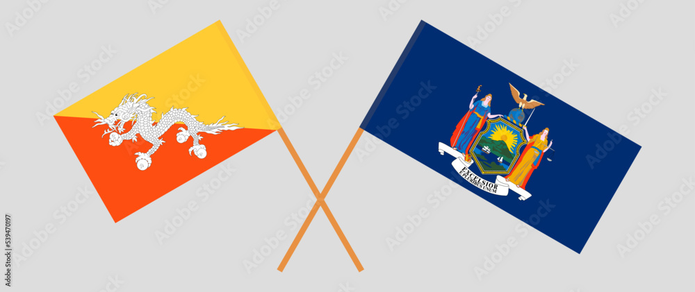 Crossed flags of Bhutan and The State of New York. Official colors. Correct proportion Crossed flags of Bhutan and The State of New York. Official colors. Correct proportion