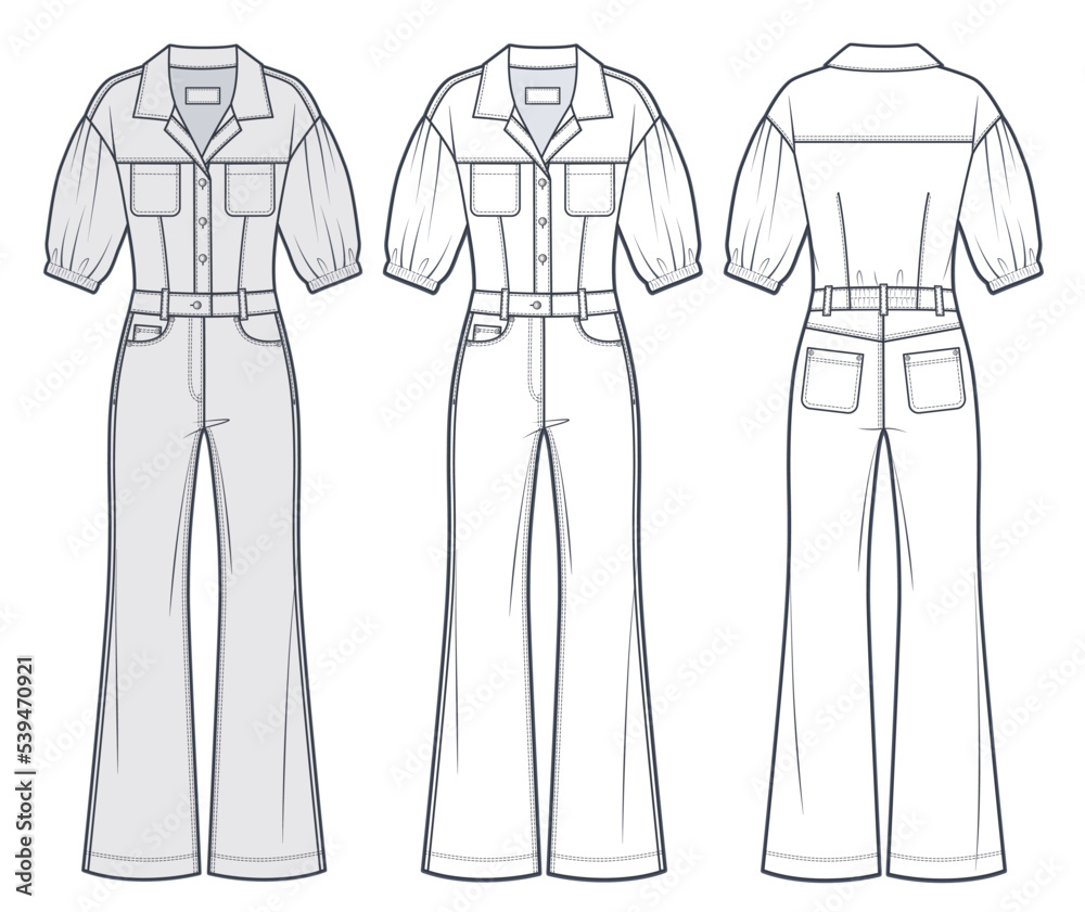 Denim Jumpsuit flared pants technical fashion Illustration. Jumpsuit