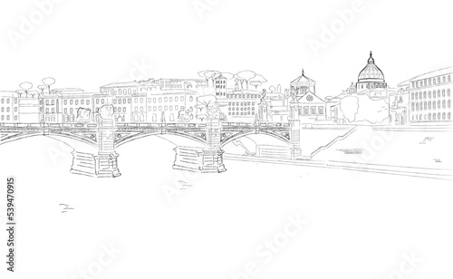 Rome city vector sketch. Vintage style with St Angelo Bridge on Tiber River view