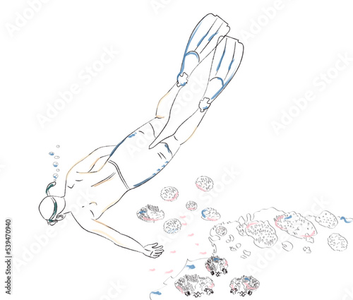 Man swimming underwater diving experience Vector sketch