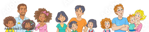 Three happy young families with two children. People of different nationalities. Isolated on white background. Banner in cartoon style. Vector illustration.