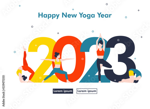 2023 yoga vector banner. Selebration of New Year, webdesign, banner, poster. Yoga woman. Yoga poses