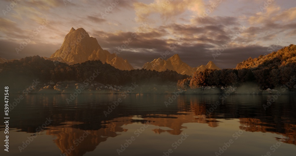 Picturesque landscape with lake surrounded by mountains and forests 3D illustration Picturesque landscape with lake surrounded by mountains and forests 3D illustration
