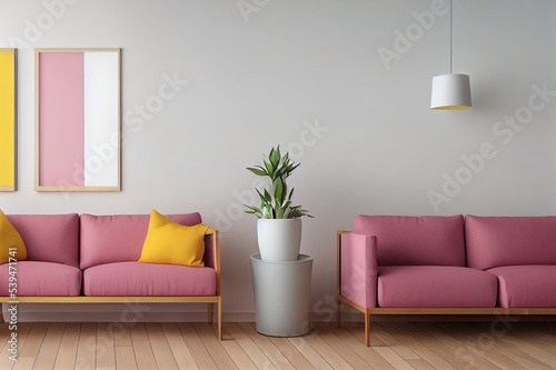 Minimalistic pink living room interior with wooden floor  tall window and yellow bench with vertical poster above it. Potted plant. 3d rendering mock up