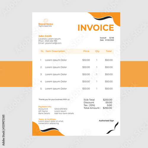 Professional Minimal Business Invoice Template Vector.