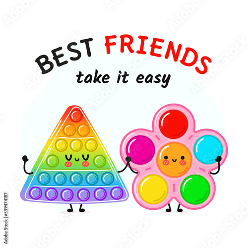 Card with funny cute happy pop it and simple dimple characters. Vector hand drawn doodle style cartoon character illustration icon design. Cute pop it and simple dimple mascot