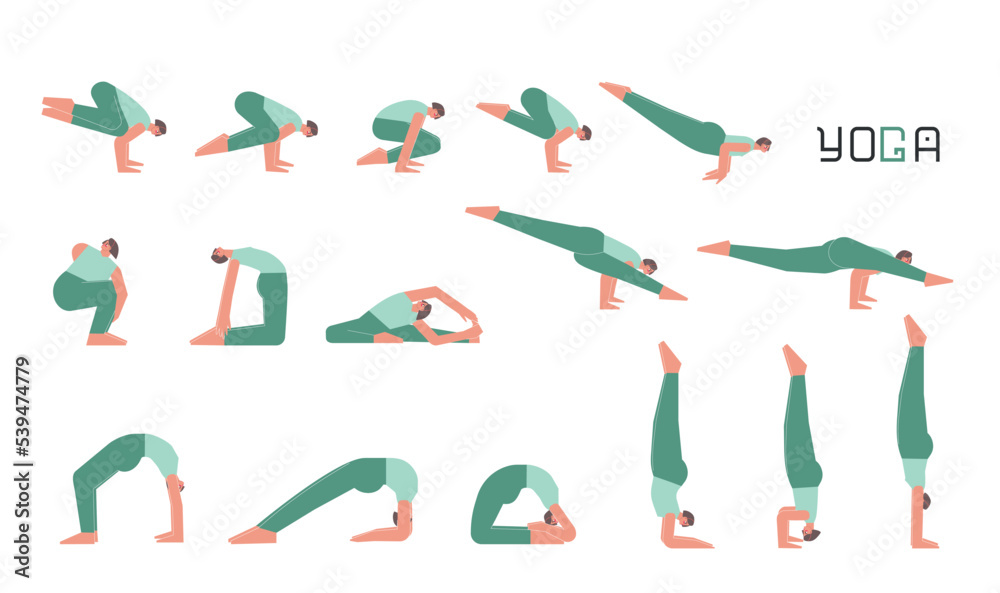 Vector flat isolated illustration collection with female character doing yoga. European woman learns relaxing stretching postures. Set of basic sports balance exercise for beginners