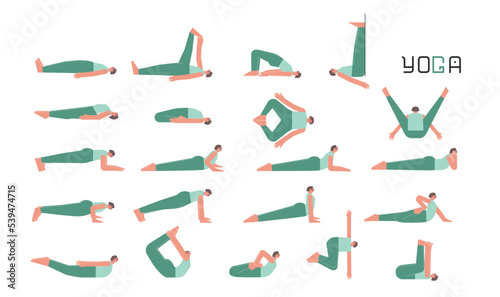 Vector flat isolated illustration collection with female character doing yoga. Caucasian woman learns lying on back and plank postures. Set of basic sports exercise for beginners photo