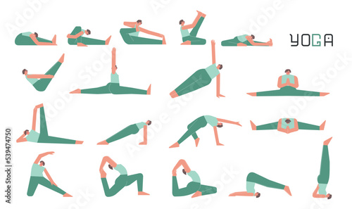Vector flat isolated illustration collection with female adult character doing yoga. European woman learns relaxing stretching postures. Set of basic sports balance exercise for beginners