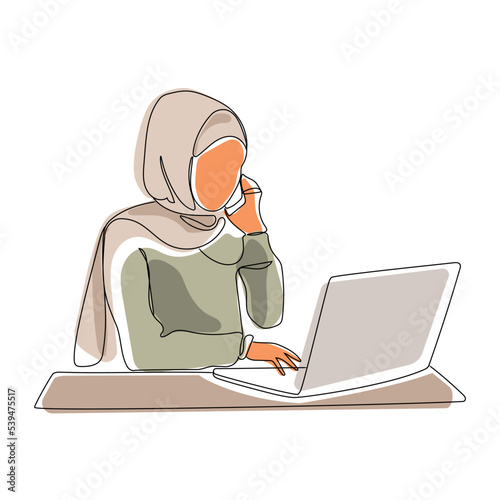 Muslim woman in hijab uses a laptop and speaks on the phone Minimalist liner vector illustration.Arab business woman working on a computer at home or office.Education or office work concept.