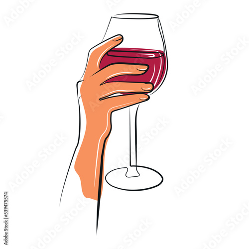 Hand with glass of red wine modern liner illustration in minimalist style vector illustration.Glass of wine in female hand abstract art design,linear template logo or emblem.wineglass trendy print