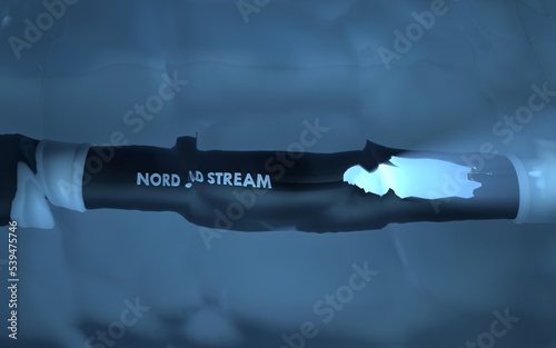 Nord stream gas pipeline leaking underwater 3D rendering conceptual illustration.