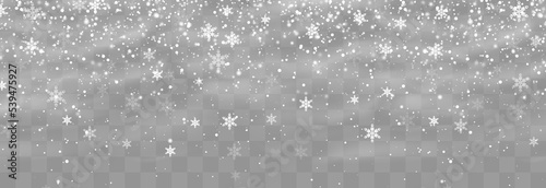 Christmas snow. Falling snowflakes on png background. Vector heavy snowfall. White snowflakes flying in the air. Snow flakes, snow and blizzard. Vector illustration isolated on transparent.