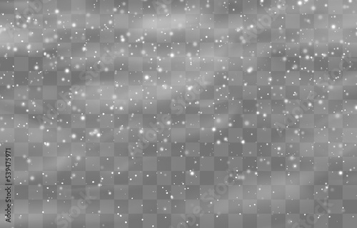 Christmas snow. Falling snowflakes on png background. Vector heavy snowfall. White snowflakes flying in the air. Snow flakes, snow and blizzard. Vector illustration isolated on transparent.