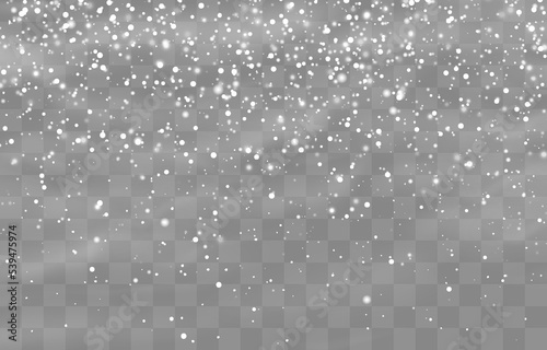 Christmas snow. Falling snowflakes on png background. Vector heavy snowfall. White snowflakes flying in the air. Snow flakes, snow and blizzard. Vector illustration isolated on transparent.