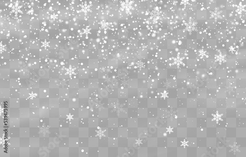 Christmas snow. Falling snowflakes on png background. Vector heavy snowfall. White snowflakes flying in the air. Snow flakes, snow and blizzard. Vector illustration isolated on transparent.