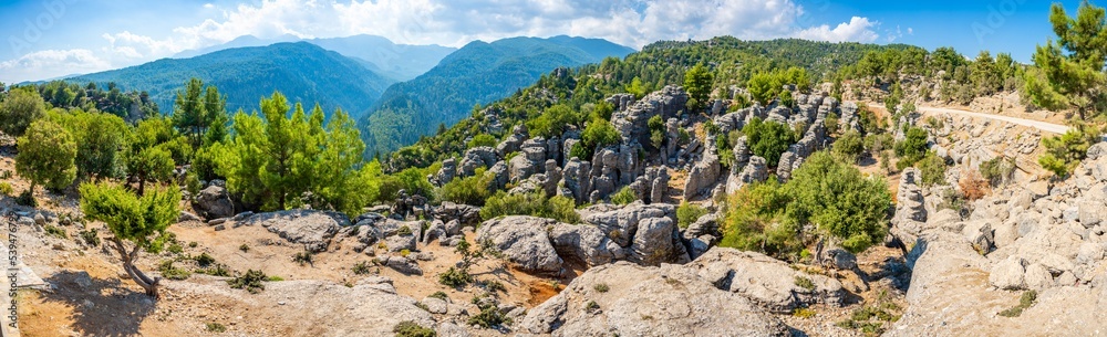 View of rock in mountains in canyon. Spectacular natural panoramic landscape with canyon cliffs and stones, Turkey