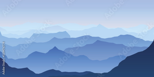 Blue mountains illustration. Fog mountains flat design vector 