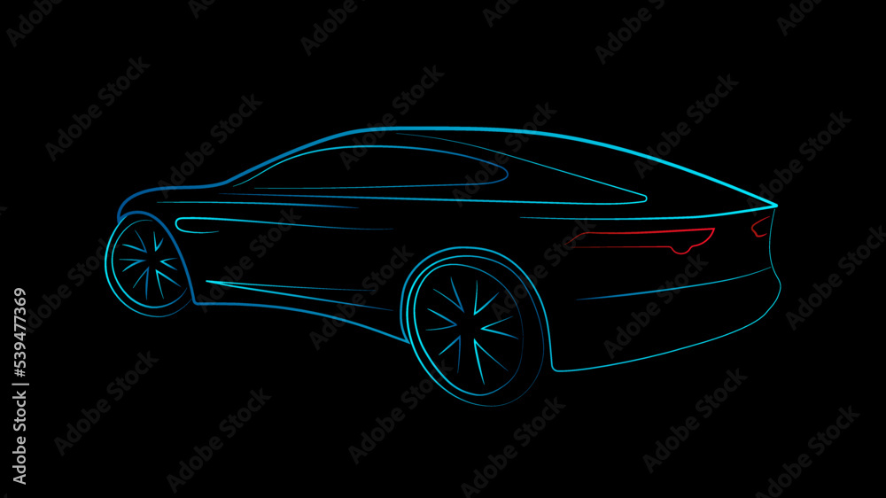 Fototapeta premium Modern sport car side view sketch line silhouette blue green light isolated on black background. Vector illustration for AI concept technology of electric vehicle, self-driving car