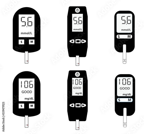 The black and white icon of the blood glucose meter. Measurements of blood glucose levels mg\dl and mmol\l.