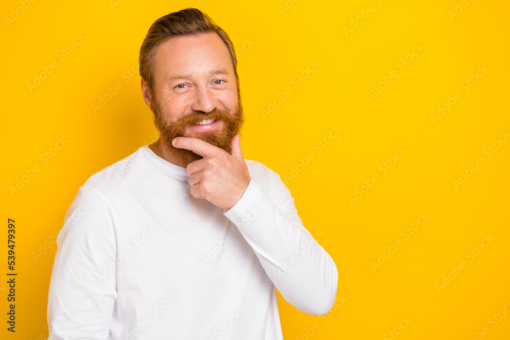 Closeup photo of young thoughtful minded genius man bearded redhair touch chin smiling advertisement expert isolated on yellow color background Closeup photo of young thoughtful minded genius man bearded redhair touch chin smiling advertisement expert isolated on yellow color background
