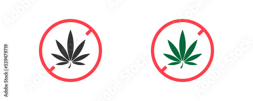 Cannabis, hemp icon with red bun simbol. Medical cannabis leaf logo. Stop drug legalization. Isolated flat isons, vector