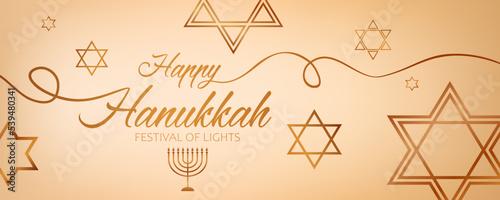 Celebration banner with golden text Happy Hanukkah, chandelier and stars of David for Hanukkah Jewish holiday. Luxury greeting design for banner, background, wallpaper, card or poster.