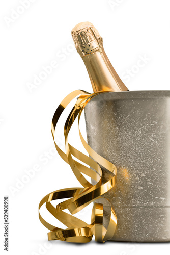 Canvas Print Bottle of Champagne in Ice Bucket with Streamer