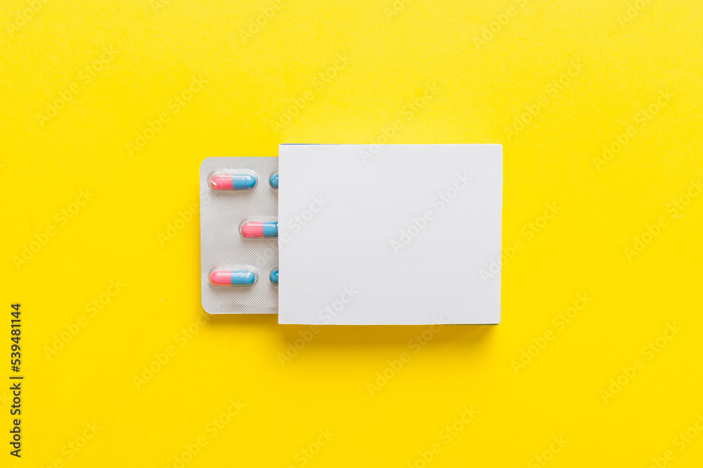Blank White Product Package Box Mock-up. Open blank medicine drug box with blister top view - obrazy, fototapety, plakaty 