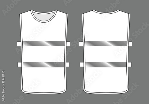 Safety White Vest With Gray Reflective Tape Template On Gray Background.Front And Black View, Vector File