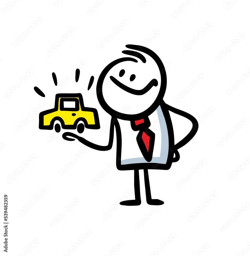 Vector image of man holding a new car on his hand.