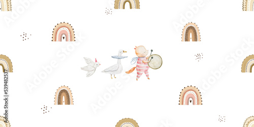 seamless, endless pattern with circus. Funny characters, trained animals on transport, jumping show, perfomance. Children's illustration, textile design, print on white background