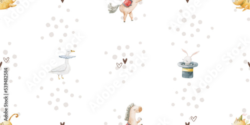 seamless, endless pattern with circus. Funny characters, trained animals on transport, jumping show, perfomance. Children's illustration, textile design, print on white background