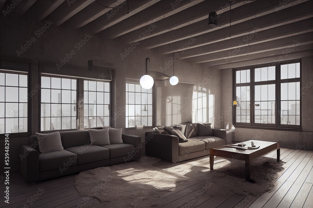 Living room interior in loft, industrial style, 3d render