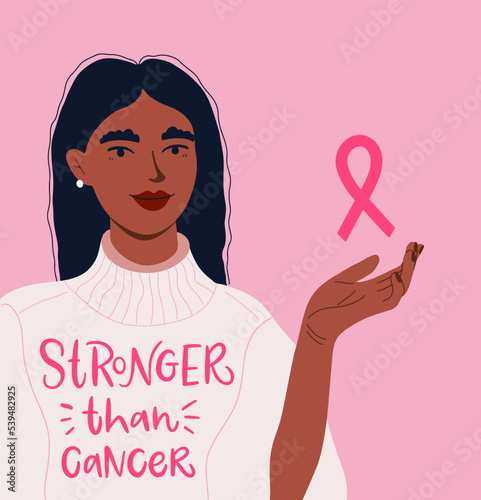 Breast Cancer Awareness month in October. Woman is holding a pink ribbon in her hand. Slogan of Stronger than cancer. Editable banner. Template for social media, post, poster, greeting card.