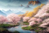 mist over the river with mountains  and cherry blossoms