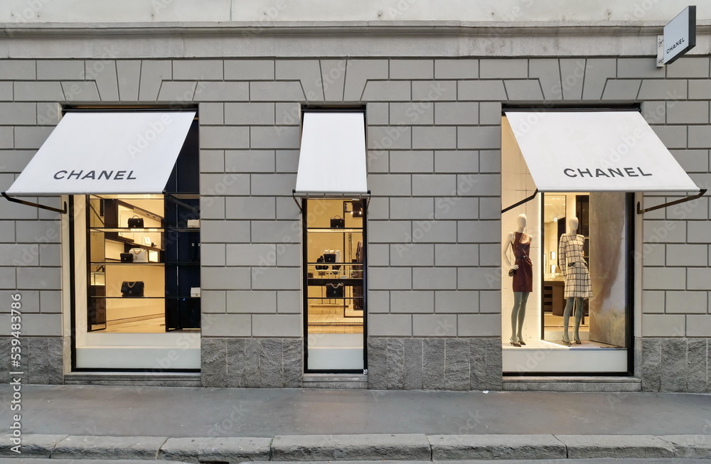 Chanel shop in Montenapoleone street, fashion district of Milan, Lombardy, Italy  Stock Photo