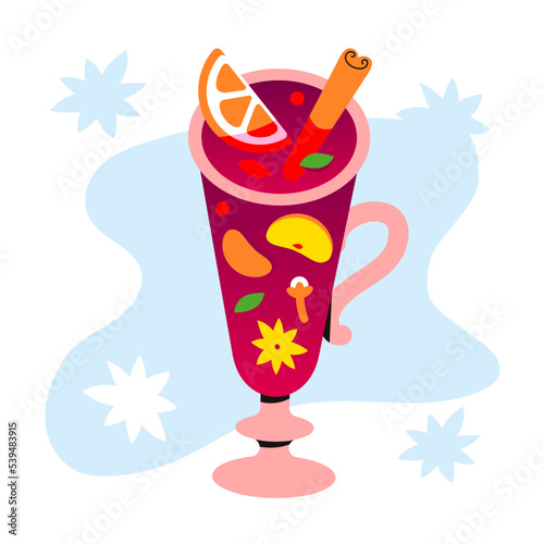 Warming mulled wine in a glass. Fruit sangria, punch, grog in a mug. Christmas drink for the menu