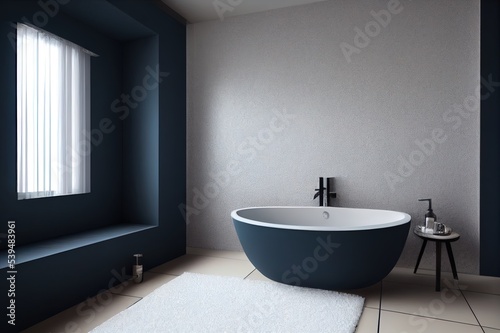 Luxurious Modern Bathroom interior design white bathtub on grunge dark blue wall 3d render