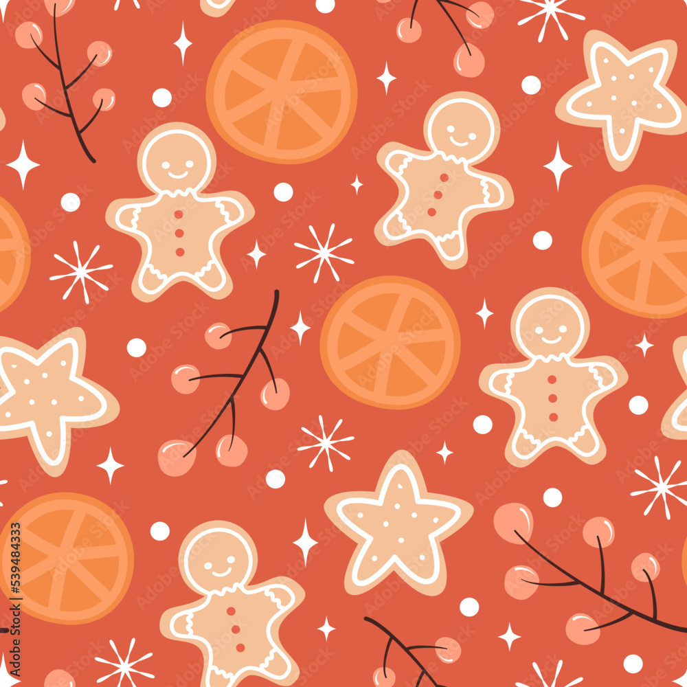 seamless pattern with christmas cookies, berries, stars, orange slice and snowflakes
