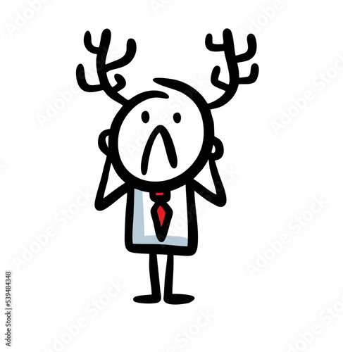 Funny office worker in costume and tie with horns on the head.