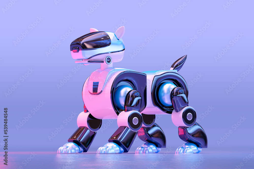 Robotic cyber dog pet. High technology mini robot cyborg guard with remote operation, futuristic electronic interactive puppy toy. Artificial intelligence, science, automation, tech 3D illustration Robotic cyber dog pet. High technology mini robot cyborg guard with remote operation, futuristic electronic interactive puppy toy. Artificial intelligence, science, automation, tech 3D illustration