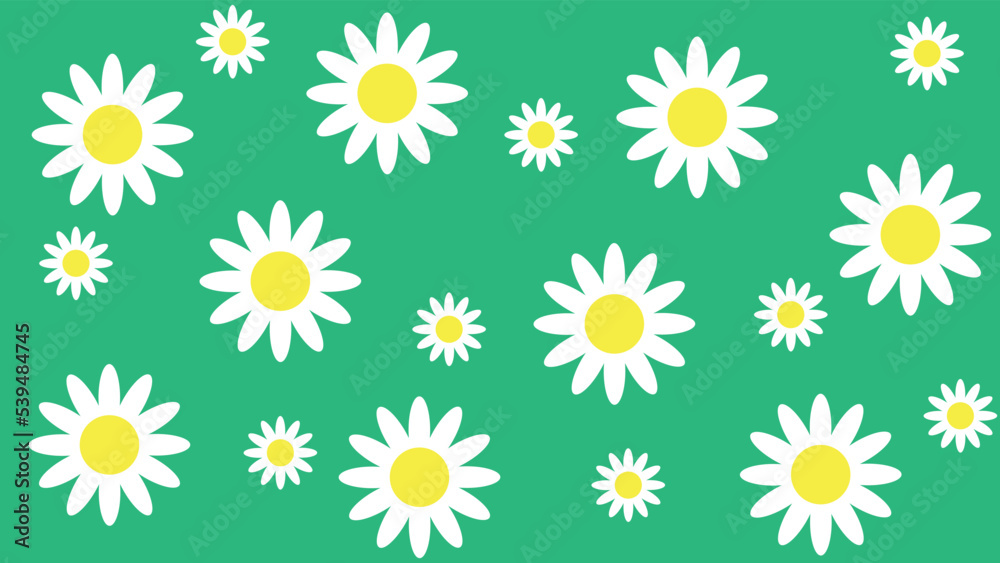 white daisy chamomile icon. Flat design. Green background vector illustration.