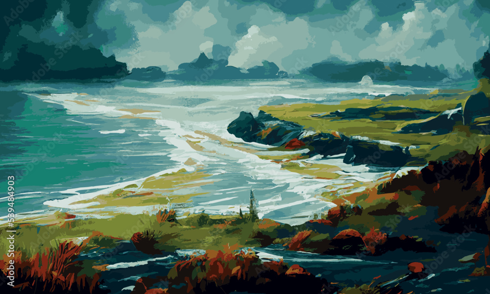 An impressionist style seascape landscape in a vector format - obrazy, fototapety, plakaty 