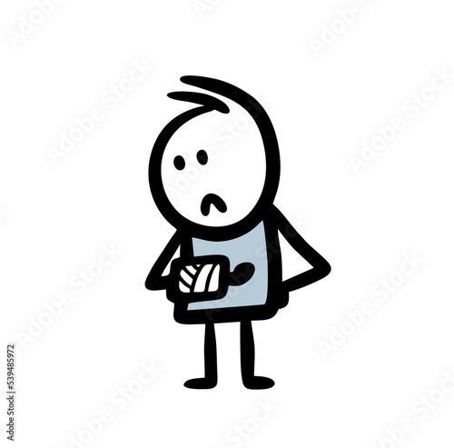 Cartoon sad man with the arm is in a cast and unhappy face.