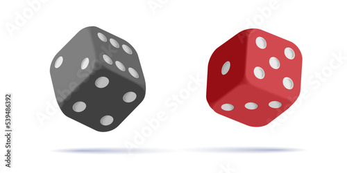 Red and black dices with white dots icons. Rounded corners cubes in the air, render 3d icons