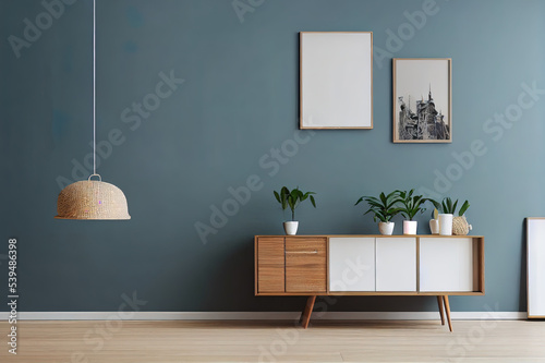 Stylish korean interior of living room with white mock up poster frame, elegant accessories, wooden shelf and hanging rattan bag and hat. Minimalistic concept of home decor. Template. Bright room. photo