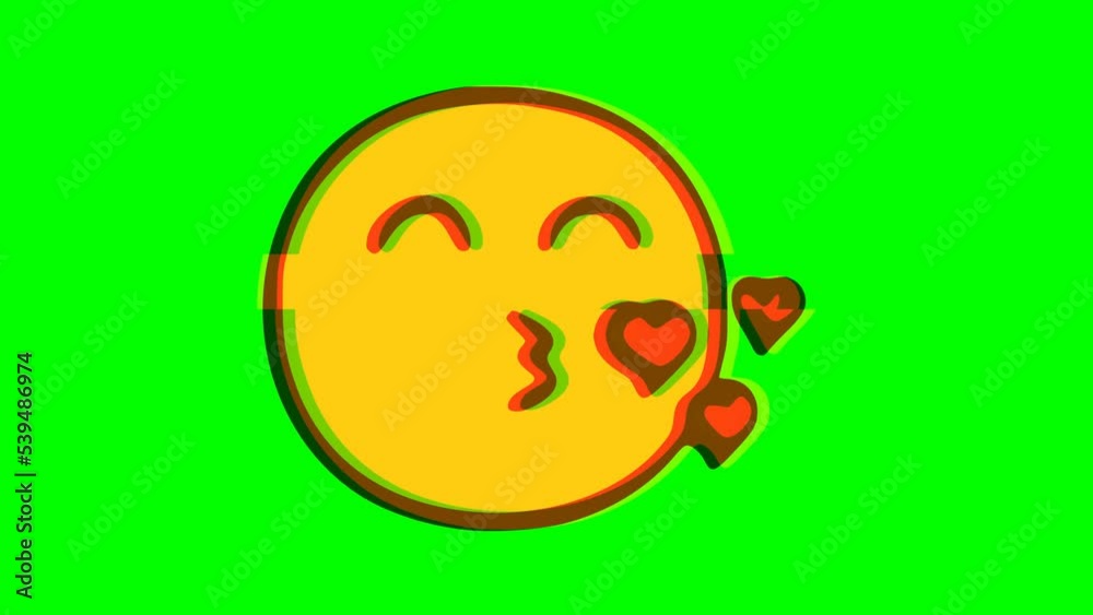 Kissing emoticon glitch effect on green background. Emoji motion