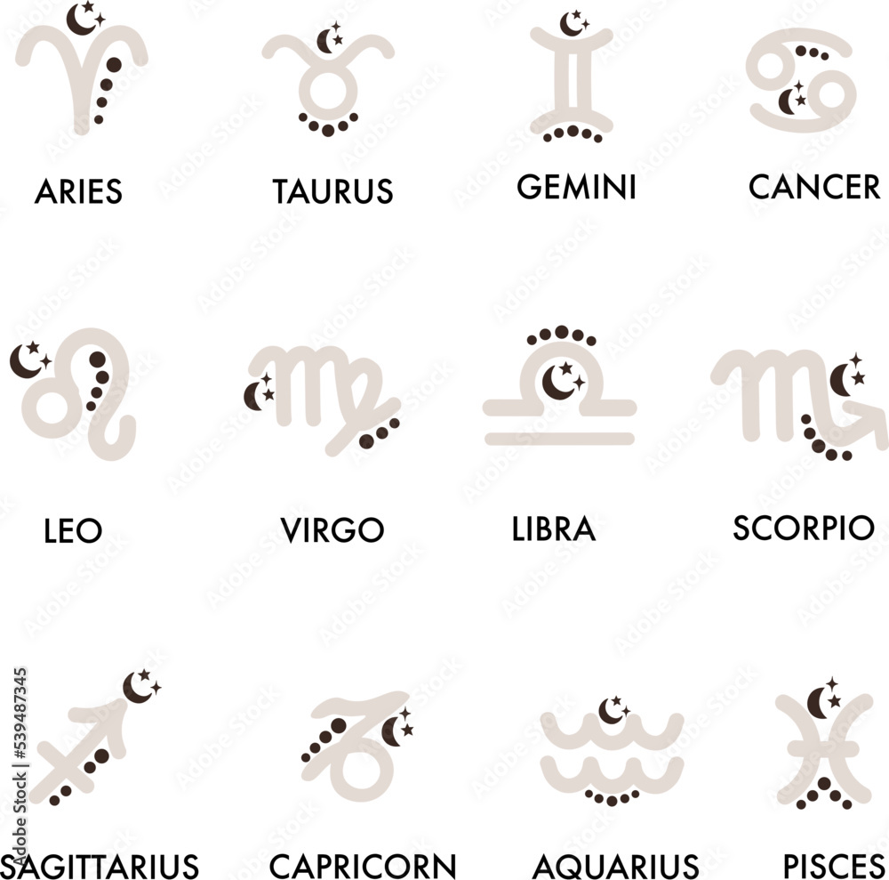 Zodiac signs vector set. Horoscope symbols, astrology icons. Twelve constellations